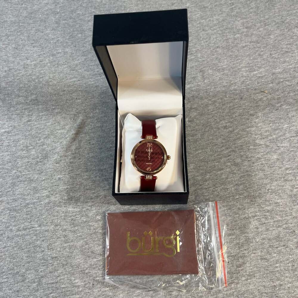 NIB Burgi Diamond Leather Strap Watch Burgundy Red Dial Gift Box